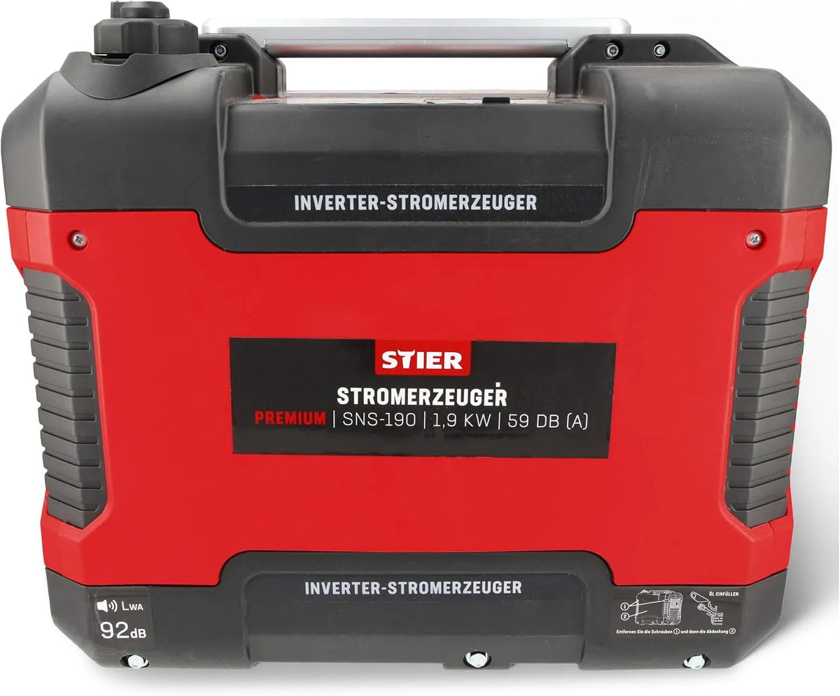 Generator, SNS-190, 21,5 kg, 4 l tankvolume, geluidsarm: 59 dB A, 4-takt-motor, benzine, inverter-stroomaggregaat, oliesensor en eco-modus, looptijd