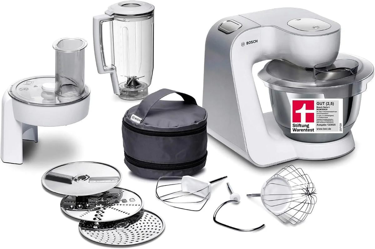 Keukenmachine, MUM58W20, 3,9 L, 1000 W, mixer 1,25 l, klop- en garde RVS, 3 schijven, planeetmixer, kneedhaak, doorloopsnijder, wit