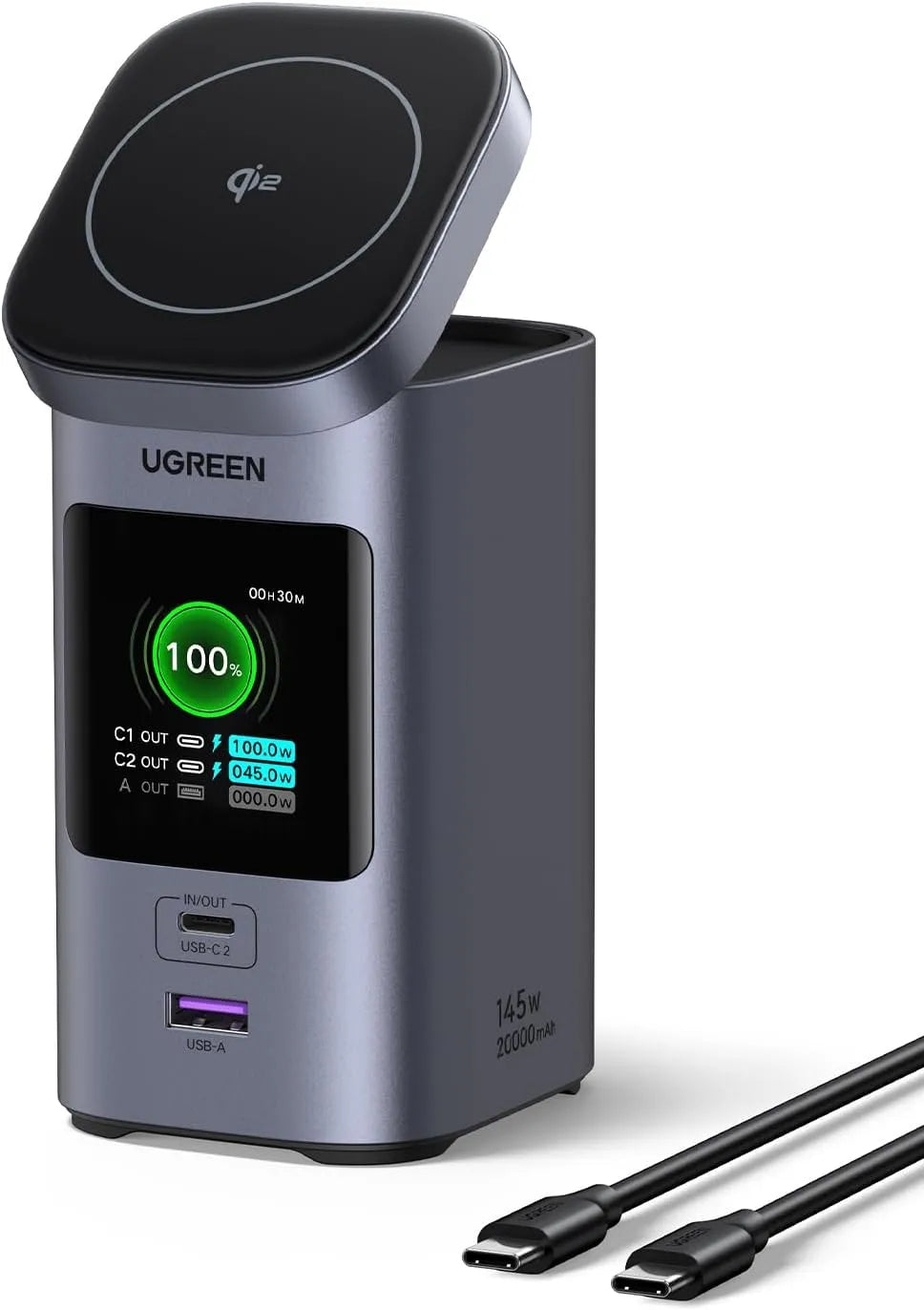 UGREEN Nexode Pro Powerbank 20000mAh 145 W Qi2 met 20000mAh, 15 W en draadloze werking