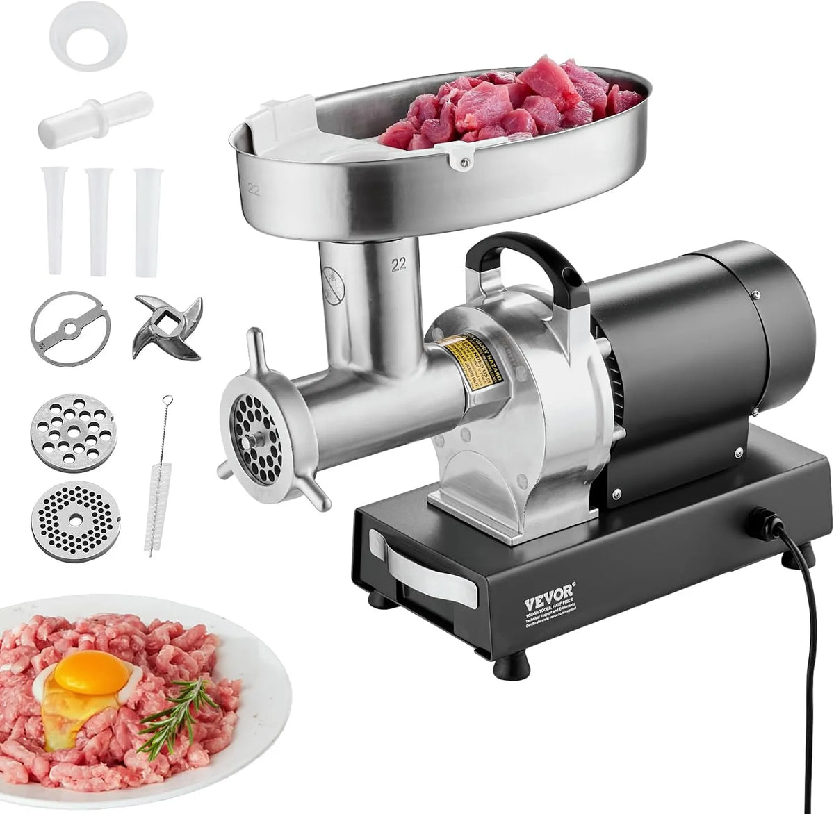 Molen met 6,35 kg, 750 W, waterreservoir en RVS, multifunctionele vleesmolen van RVS voor keuken en restaurant