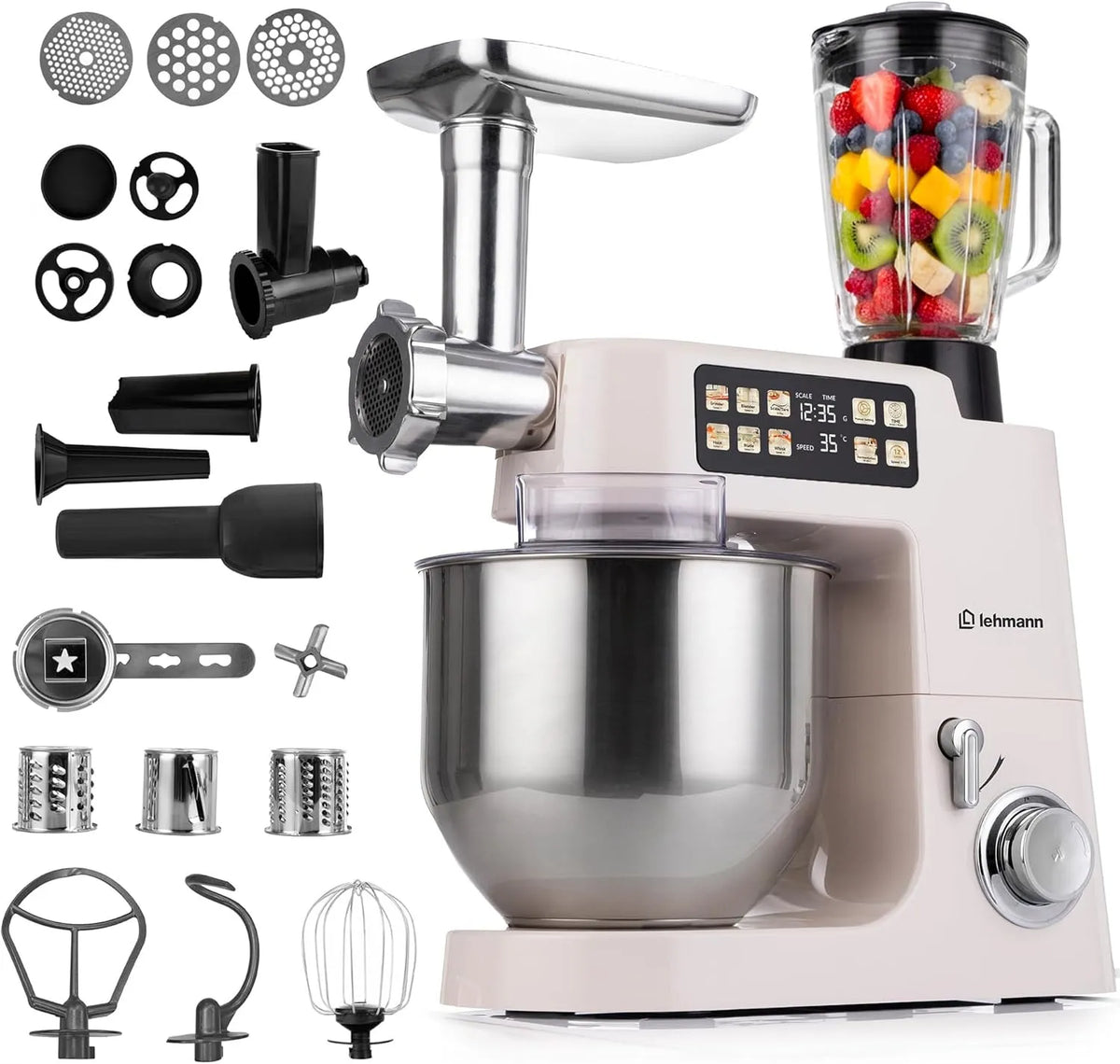 Keukenmachine, 2100 W, 8L, 1,5L, aanraakbediening en Verwarmde Mengkom, Planetaire Mixer voor Brood- en Pizzadeeg, Vleesmolen, Beige
