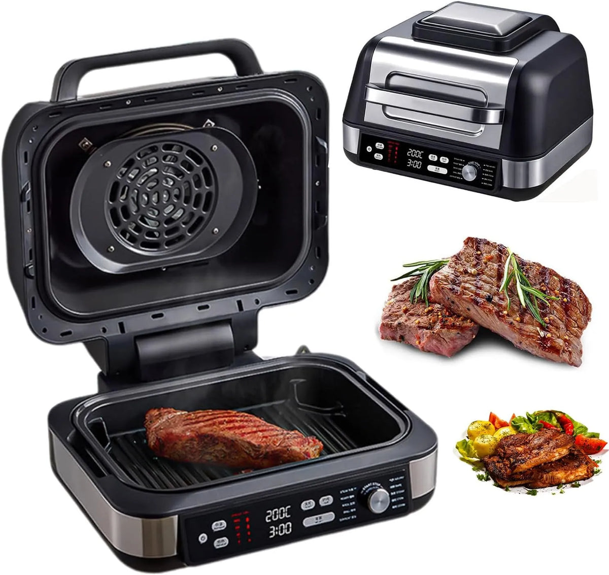 Steak Grill Machine met 1750 W, 444 x 390 x 284 mm, 348 x 534 x 444mm, regelbare thermostaat en RVS