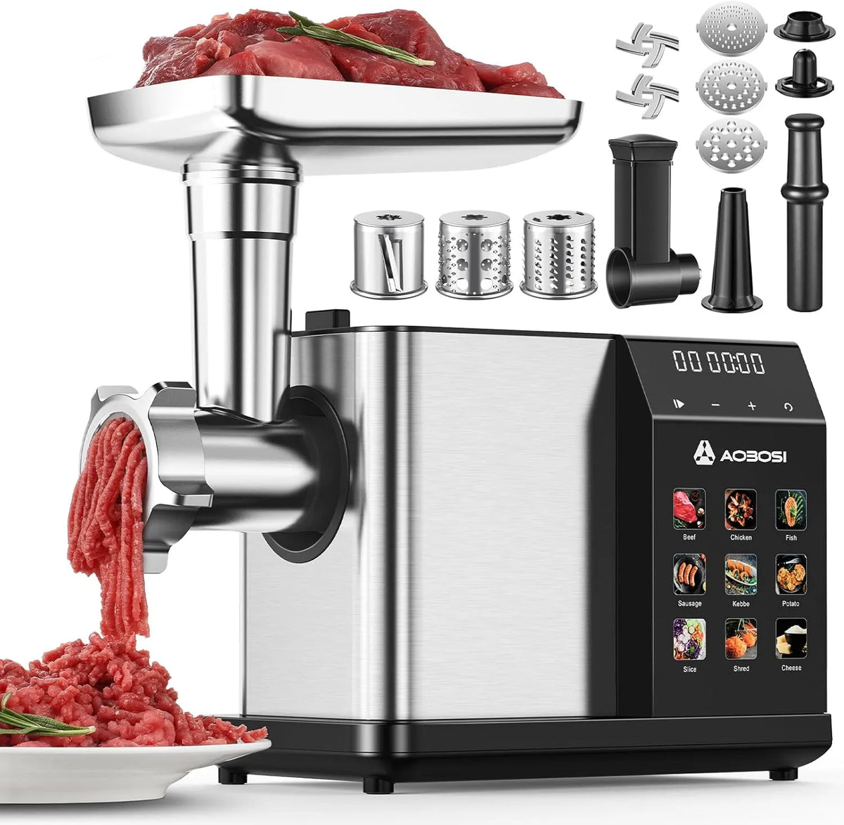 AAOBOSI Elektrische vleesmincer 3000 W Max met LED-display met 3000 W, 350 W, 10 minuten, aanraakbediening, digitaal display en RVS