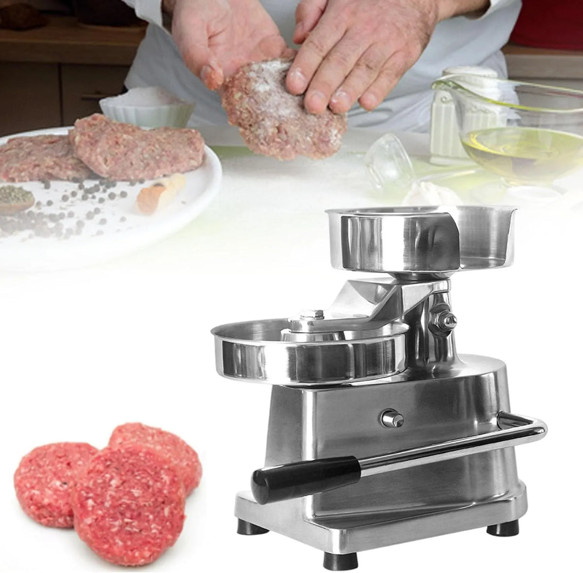 Pers Burger Machine met 15cm, 30 x 27,5 x 23 cm, 9 inch, RVS, aluminium en zonder netstroom