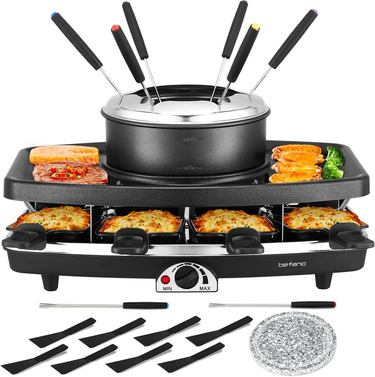 Befano Elektrische raclette-grill met fondue-pannenset met 10 minuten, 1100 W, accessoires inbegrepen en 2 accessoires