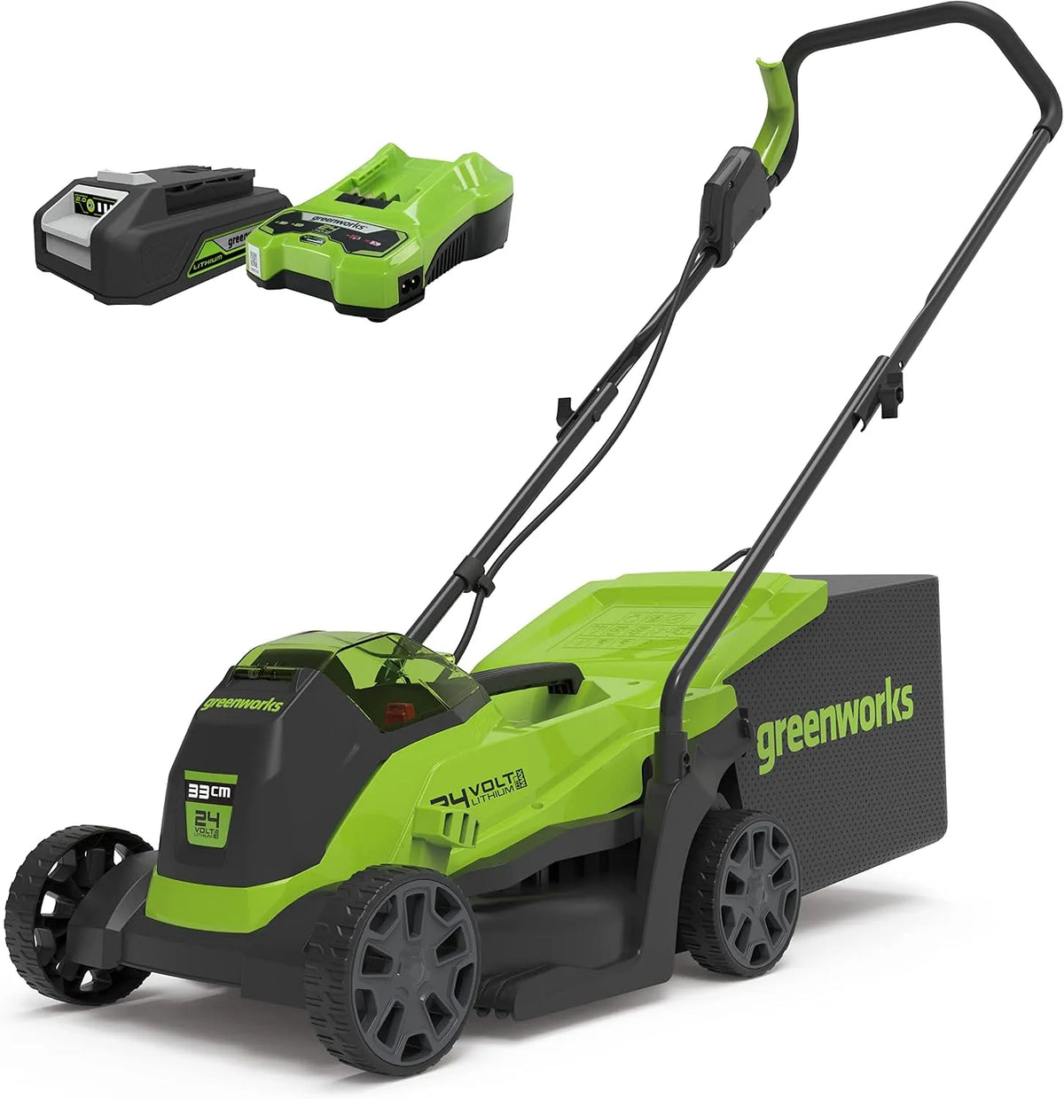 Grasmaaier, GD24LM33K2, 140 m2, 33 cm, 30 L Zak PLUS 24 V 2Ah Batterij en Oplader, 3 Jaar