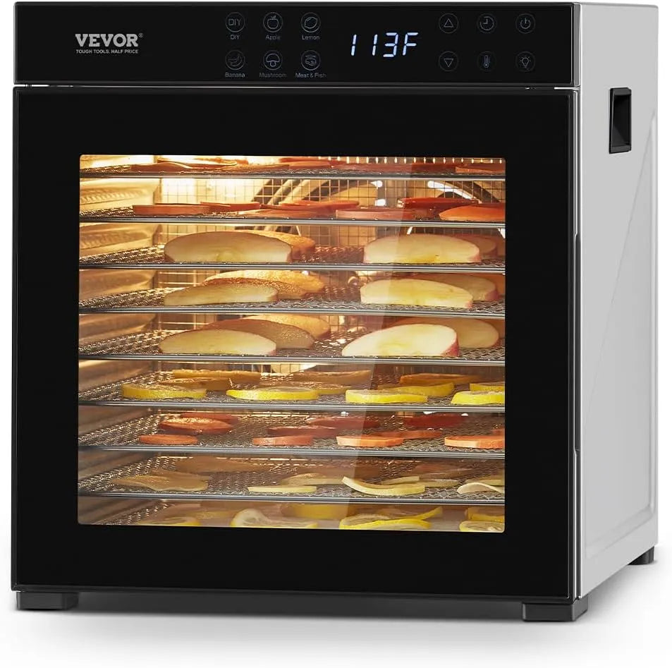 Ventilator, 1000 W, timer, 10 schalen van RVS, voor droog vlees, fruit, groenten