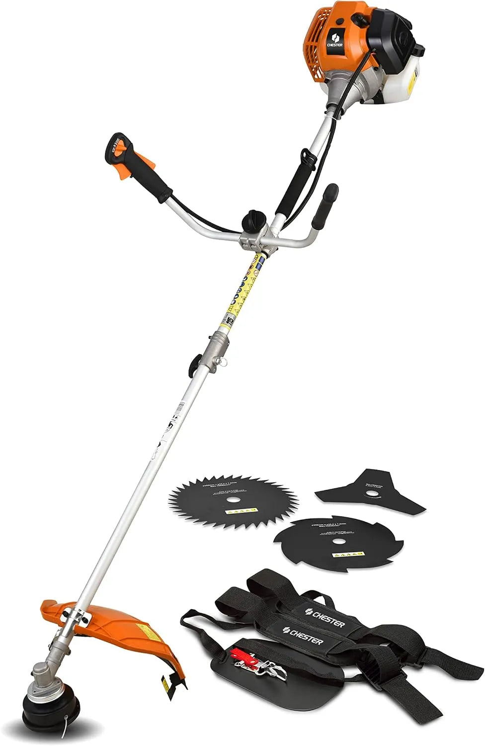 Grastrimmer, 3 messen + 1 dubbele draadkop, CHESTER, een dubbele harnas, een dubbele draadkop en 3 maaimesjes.