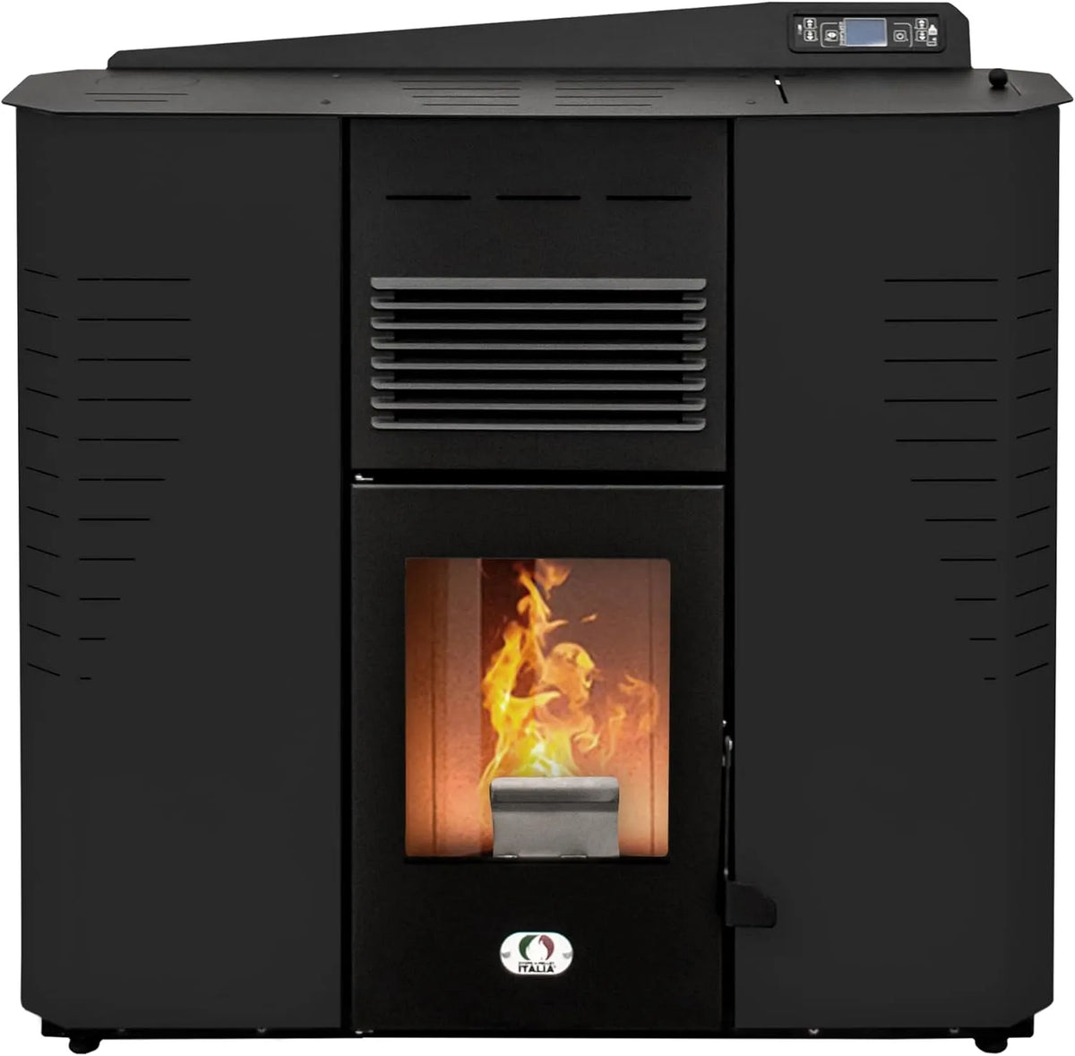 Inbouwoven, 14 kW, 92% efficiëntie, 5 snelheden en vermogen, programmeerbaar, zwart, wifi, 130 m2, verwarmingsduur 19 uur, heteluchtkachel, compact