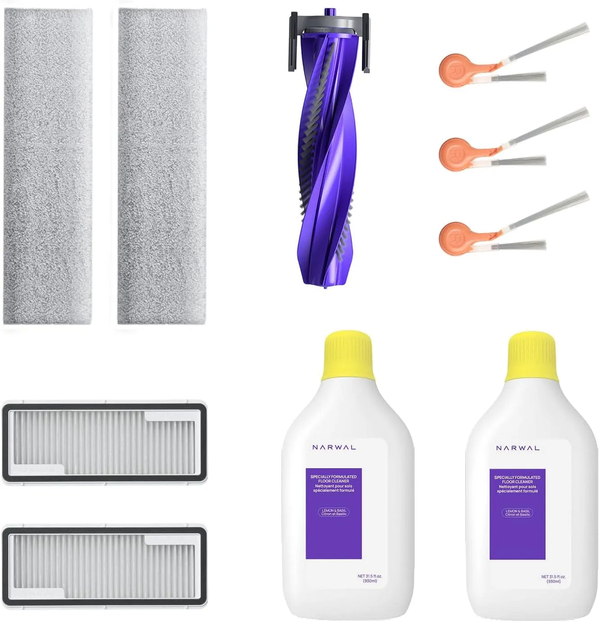 Vloerreiniger, 1x anti-klit-rolborstel, 3x zijborstels, 2x 930ML vloerreiniger, 2x HEPA-filter