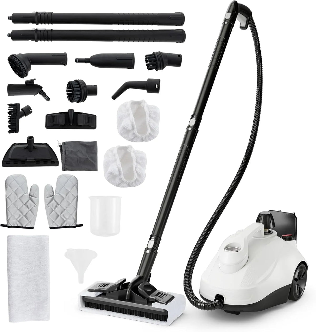 Stoomreiniger met 2000 W, 5 bar, 108 m2, 160 °C, 1,8 l, 35 minuten, 8-10 minuten en 146 cm