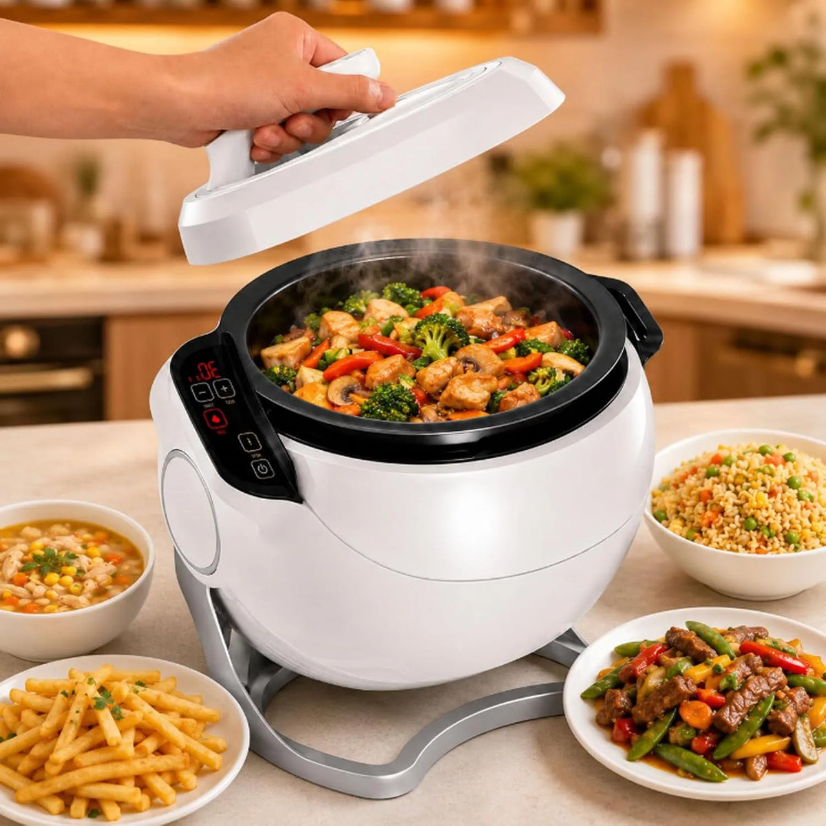 Keukenmachine, 6l Trommelwok, Automatische Roerbakrobot, Professionele Keukenmachine, Wateraanvoer, aanraakbediening En Zelfreinigende Pan