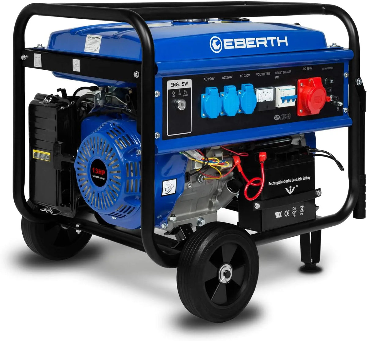EBERTH 5500 watt noodgenerator Stroomgenerator met chassis, 1x 400V, 1x 12V, 4-takt, elektrische start, lage oliezekering, 3x 230V, 13 pk