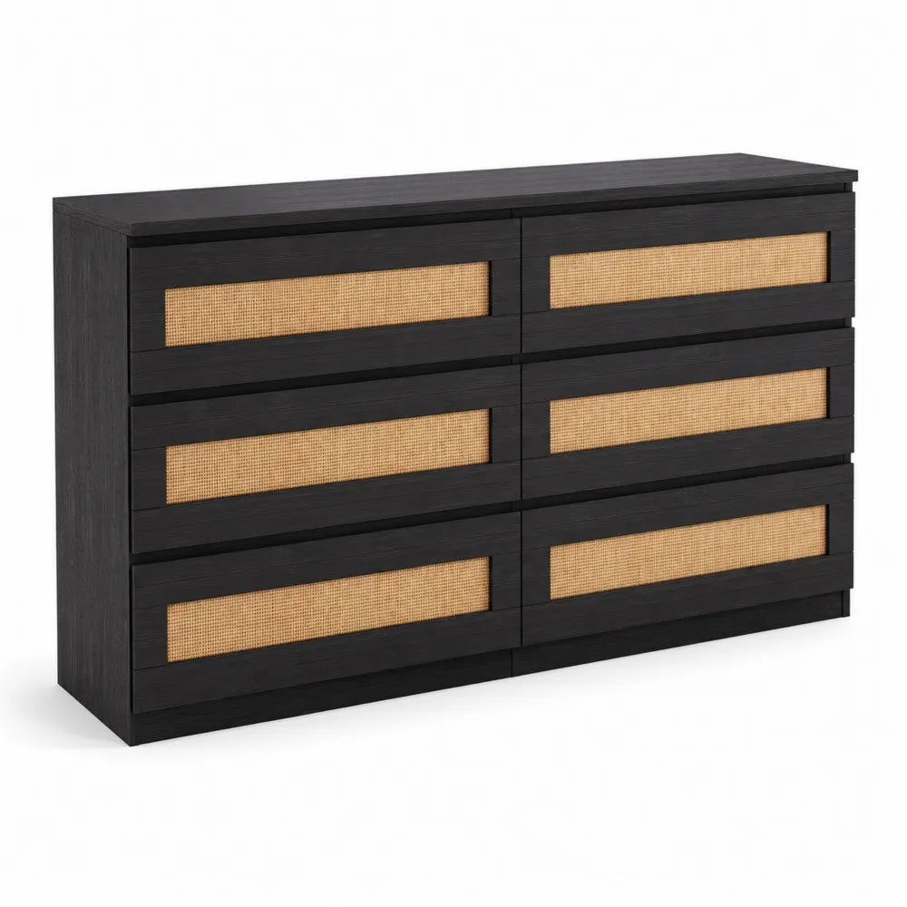 Holzkommode mit Rattan in Schwarz und Beige 120x40x80 cm