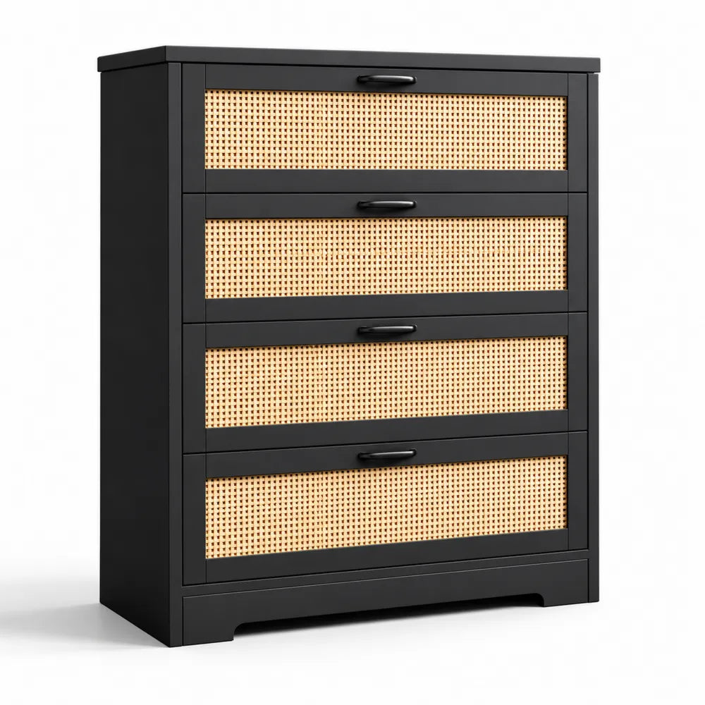 Kommode mit Rattan und Holz, 4 Schubladen, Schwarz