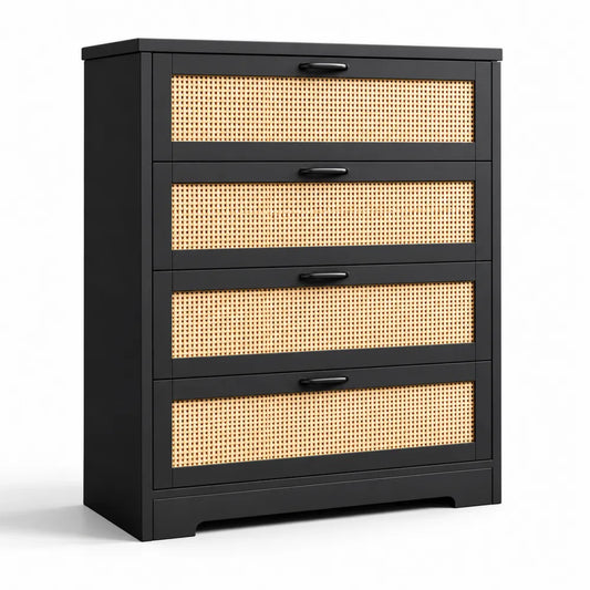 Kommode mit Rattan und Holz, 4 Schubladen, Schwarz