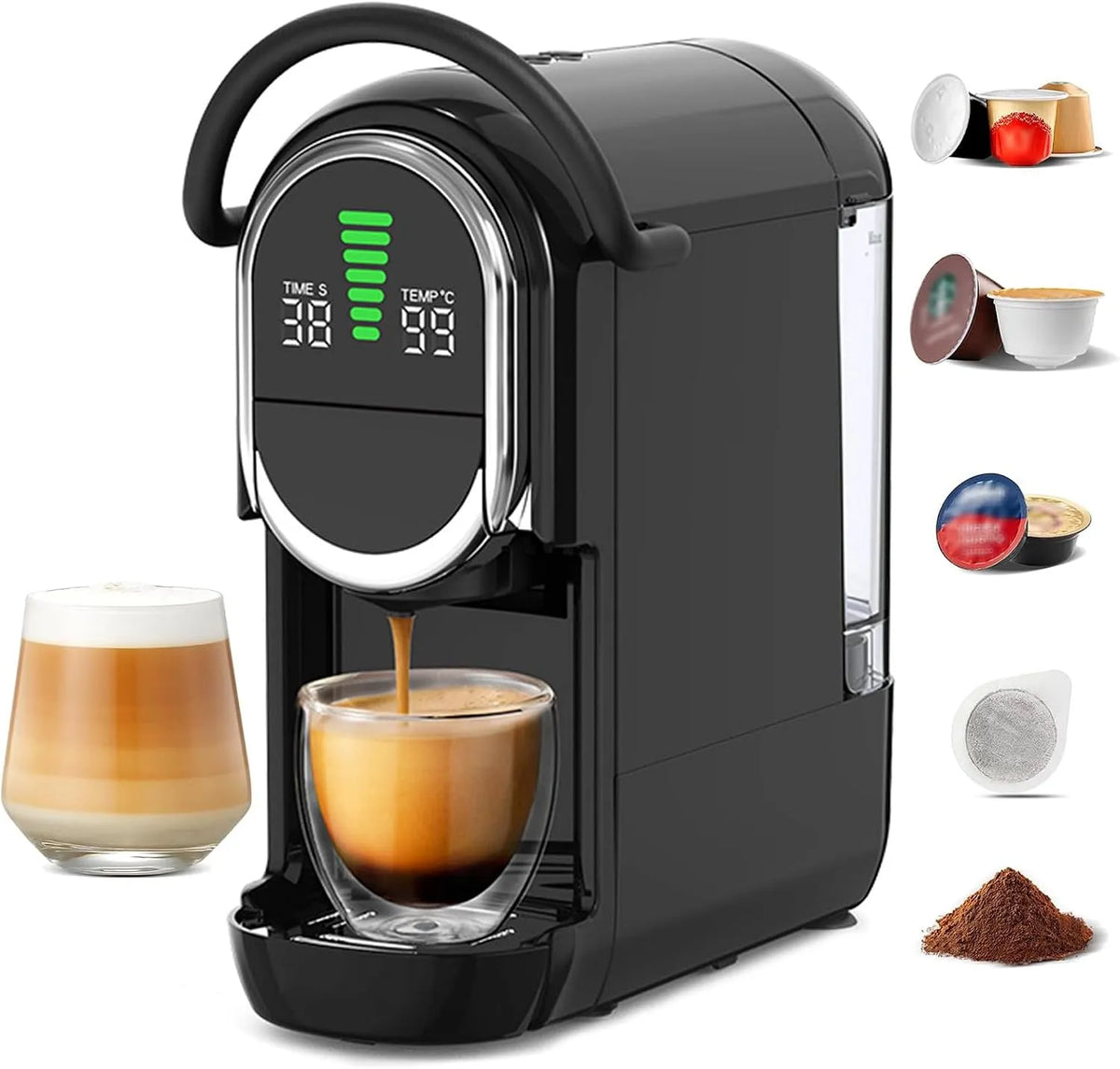 Espressomachine met Capsule-koffiezetapparaat, compacte espressomachine, 19 bar druk, warm en koud brouwsel en voor thuis en op kantoor