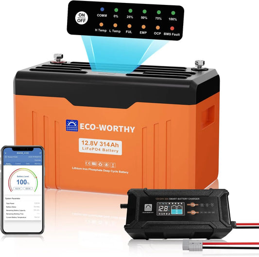 Zonnepaneel, 314 Ah, 20 A, Bluetooth, met bescherming tegen lage temperatuur 200 A, max. 15000 cycli, 4019 Wh LiFePO4 12 V voor campers