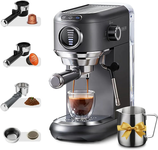Espressomachine MK-601F met 19 bar, 4-in-1, 44 mm, 30 seconden, 1450 W, 590 ml, 15 minuten en waterreservoir