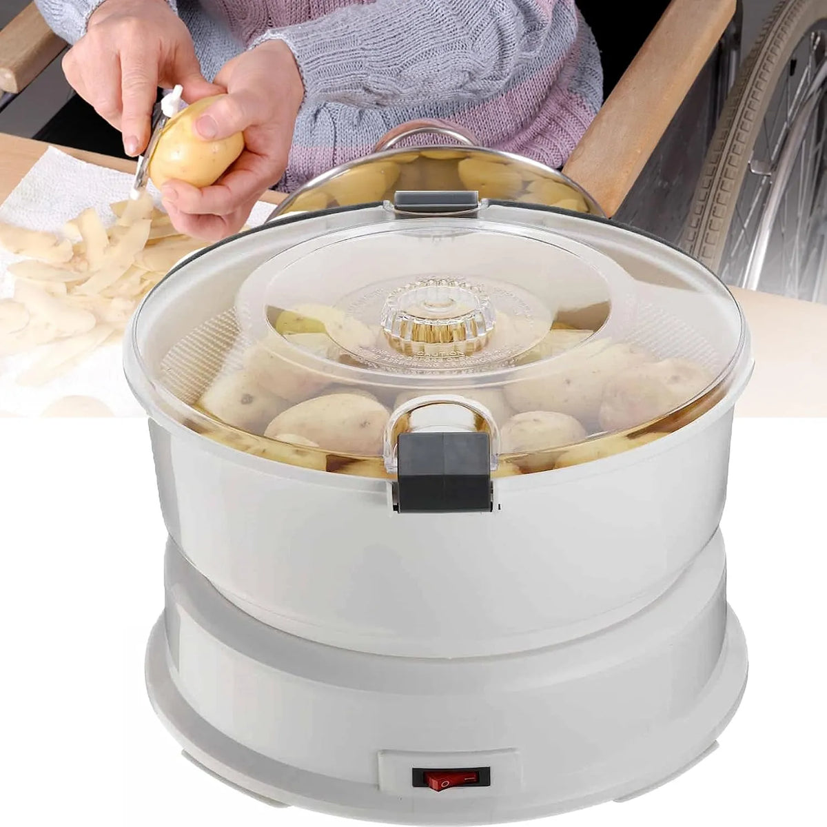 Snijder met 25,5 cm, 27 cm, RVS en transparant, Elektrische aardappelschiller machine