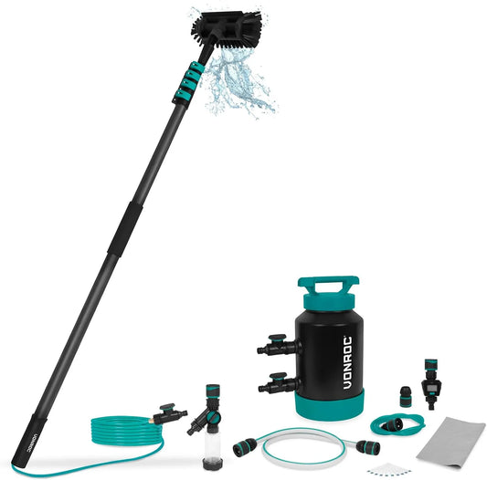 VONROC reiniger met 2-in-1 raamreiniger, incl. multifunctionele borstel, 6,50 m, 9 m slang en zeepdispenser 6,5 m carbon + ontkalker
