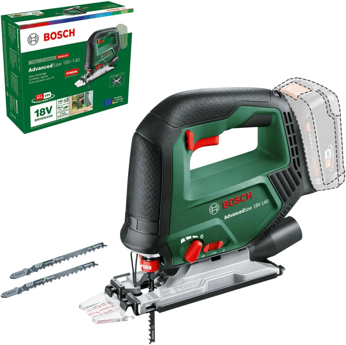 Lader, Bosch accudecoupeerzaag, 3 x zaagblad, 18V System, zonder accu & lader, borstelloze motor, in kartonnen doos, zaagdiepte in