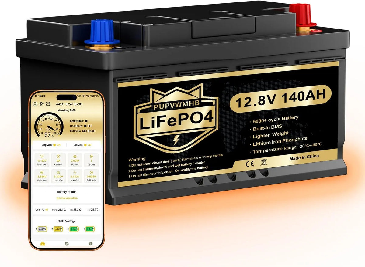 Verwarming LiFePO4 met 12 V, 140 Ah, 150 A, 1792 Wh, Bluetooth en zonne-energie