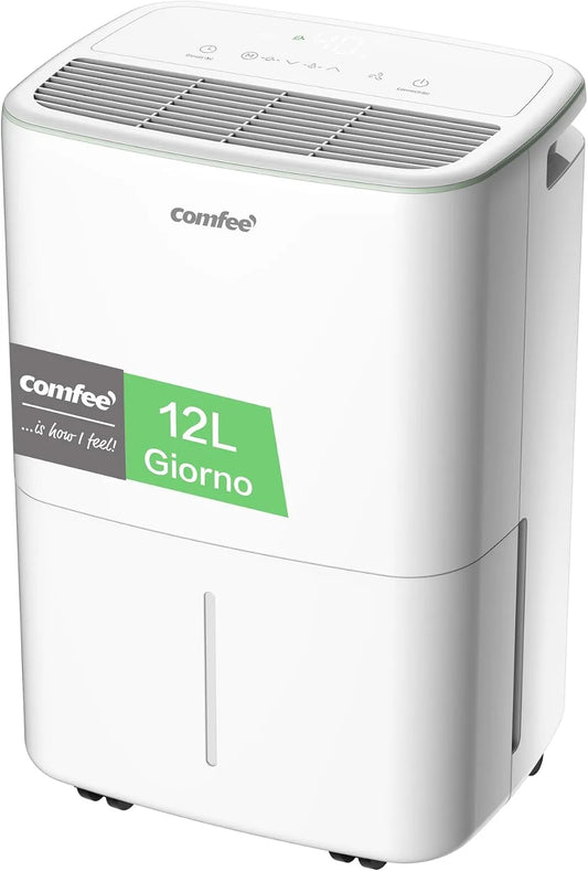 Luchtontvochtiger, timer, COMFEE' CDDOE-12DEN7-QA3 EU Luchtontvochtiger voor huis, 12 l/24 uur, geschikt tot 20 m2, jerrycan van 2,5 l, schimmel