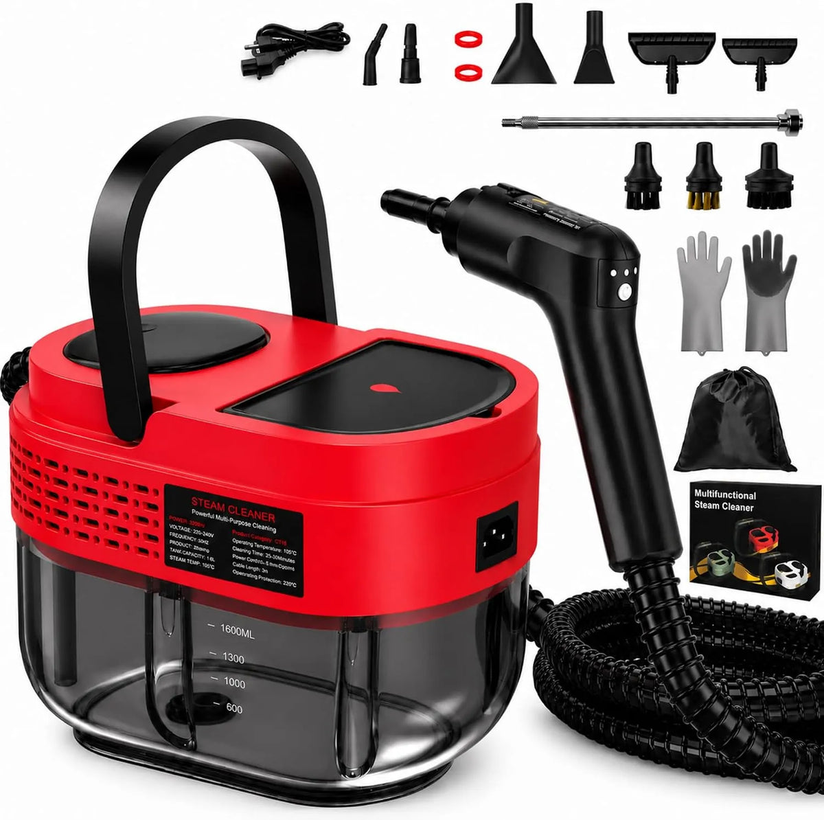 Stoomreiniger met 2500 W, 105 °C, 15 seconden, 1200ml, 158 inch, 78 inch, waterreservoir en handmodel