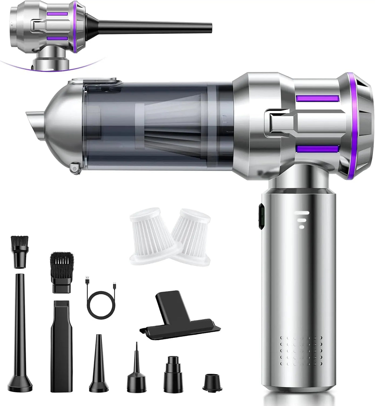 Kruimeldief, 3 standen, 25000 Pa accu, 4-in-1 autostofzuiger, sterk met borstelloze motor, Handstofzuiger met accu, met 1-knops zelflediging