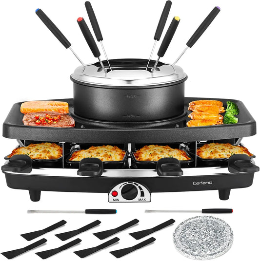 Befano Elektrische raclette-grill met fondue-pannenset met 10 minuten, 1100 W, accessoires inbegrepen en 2 accessoires