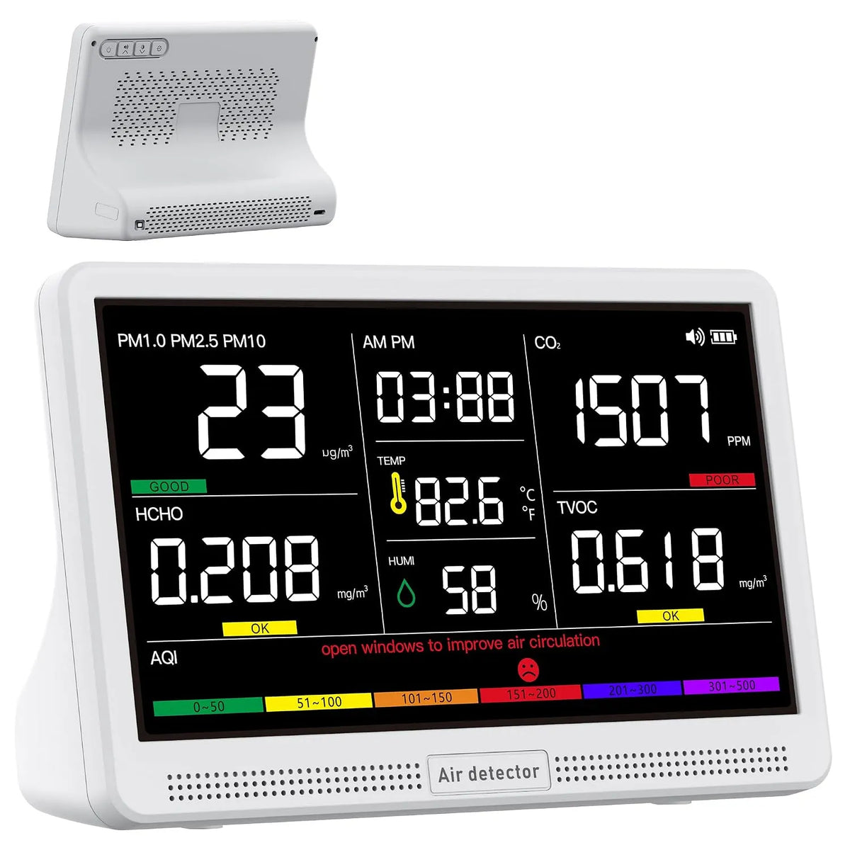 Luchtkwaliteitsmeter, PM2,5, PM1,0, PM10, HCHO, vochtigheid, temperatuur, AQI & tijd luchtkwaliteitsmonitor, CO2 PM2 PM1