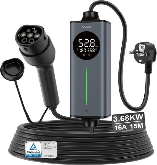Sensor, 16 A, 15 m, sensor temperatuur en aarde, draagbaar laadstation voor thuis., 3,68 kW, Schuko type 2, AC 30 mAh + DC 6 mA bescherming