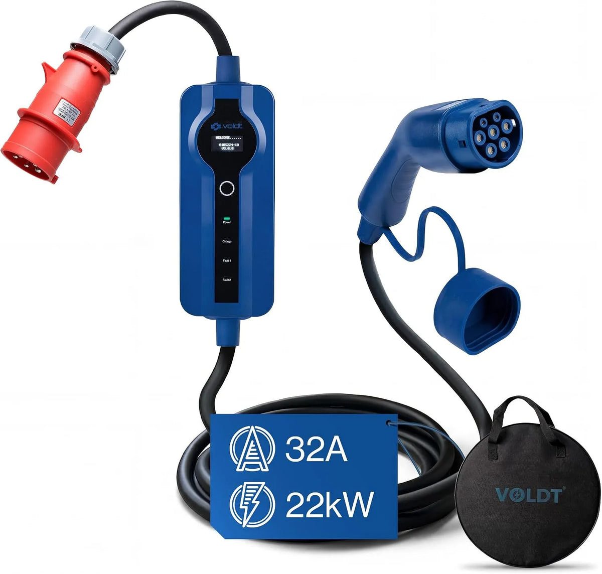 Lader, 22 kW, 8 A, 32 A, IP69, TÜV, EV-oplader met CEE-stekker + app, CE beschermd, draagbare oplader