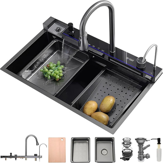 80 x 50 cm Waterval Werkstation Keukenspoelbak met 80 x 50 cm, 80 x 50 x 22 cm, 75 x 40 cm, 30-60 cm, 3-in-1, RVS, antraciet en zwart
