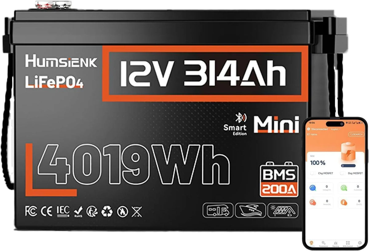 HumsiENK 12V 314Ah MINI Lithium-ijzerfosfaataccu met 12V, 200A, 4019 Wh, Bluetooth en aluminium