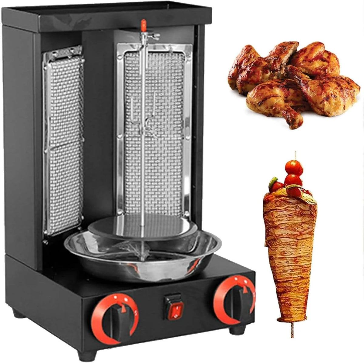 Shawarma Grill Machine met 300 x 300 x 490mm, 510 x 300 x 490mm, waterreservoir, RVS, zwart en zilver