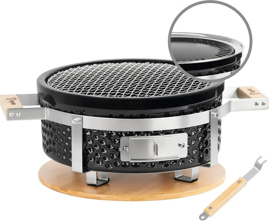 Barbecue, diameter 29,5 cm, BBQ-Toro Keramische houtskooltafelgrill met houten onderlegger, outdoor hibachi grill voor camping, Koreaanse grill