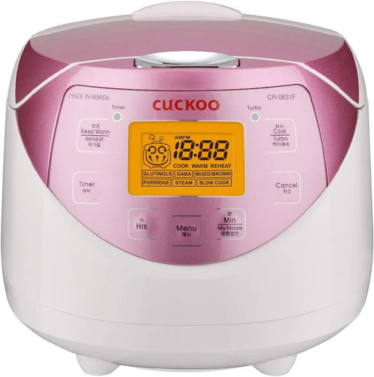 CUCKOO CR-0631F rijstkoker voor 6 pers. LCD display koken & veiligheidsfuncties aluminium pot. CR-0631F met 220-240 V, 50 Hz, 580 W, 1,08 l, 425 W, 65